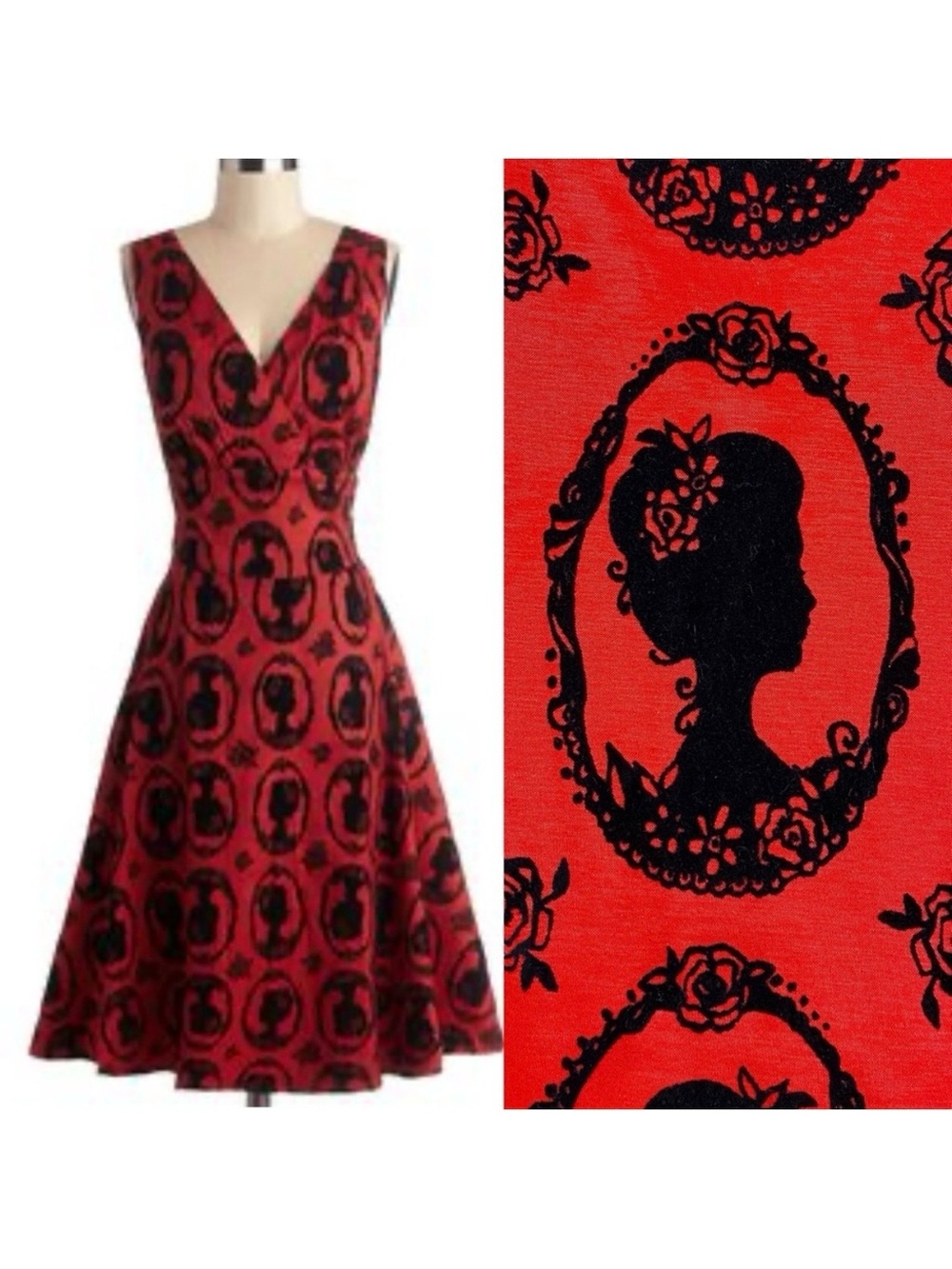 ModCloth X JawBreaker Velveteen Retro Pinup Rockabilly Cameo Midi Dress Red
